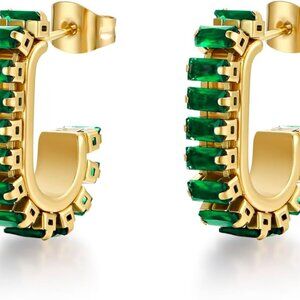 Green Crystal Gold Hoop Earrings for Women Girls, 14K Gold Plated, 6cm, Hypoalle